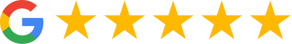 Google logo with five gold stars representing excellent dental practice ratings and reviews.
